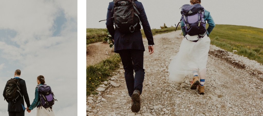 bride and groom hiking together
