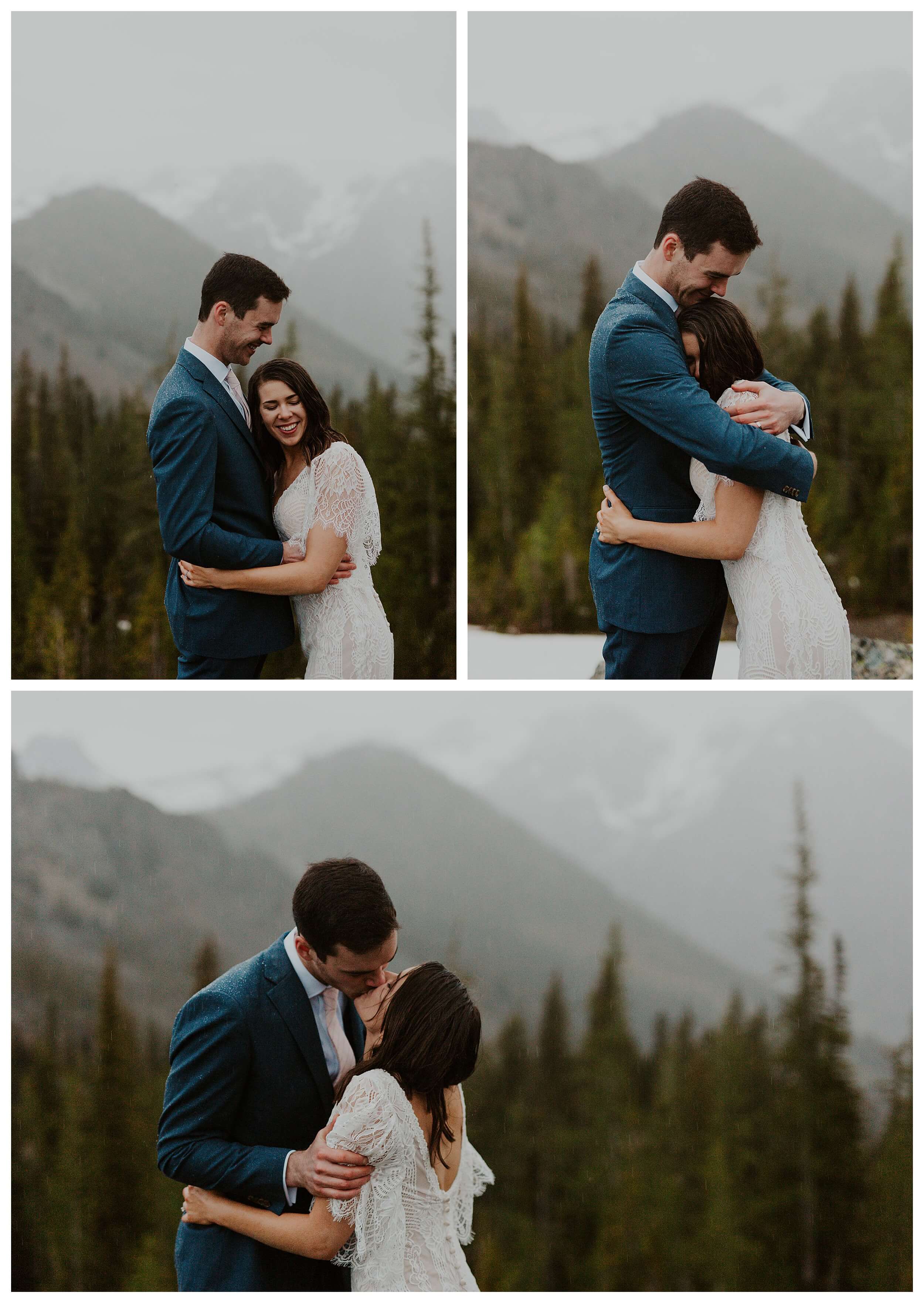 couple hugging in front of forest and mountain 