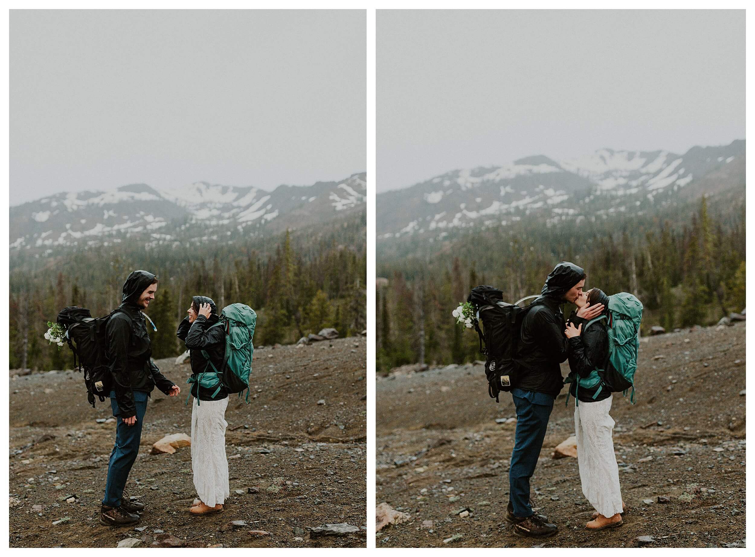 couple kissing in front of forest and mountain landscape