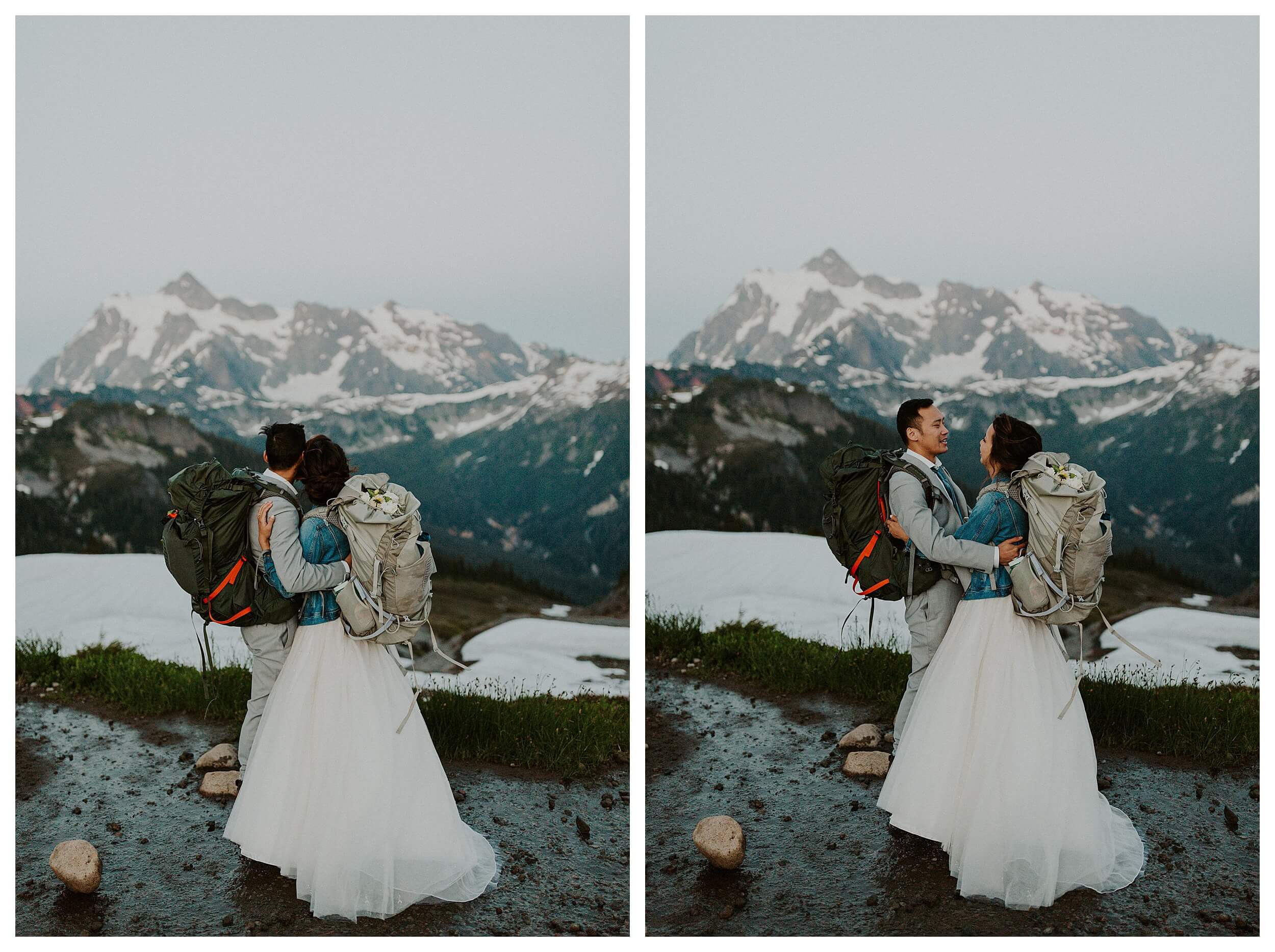 bride and groom holding each other mt. baker landscape