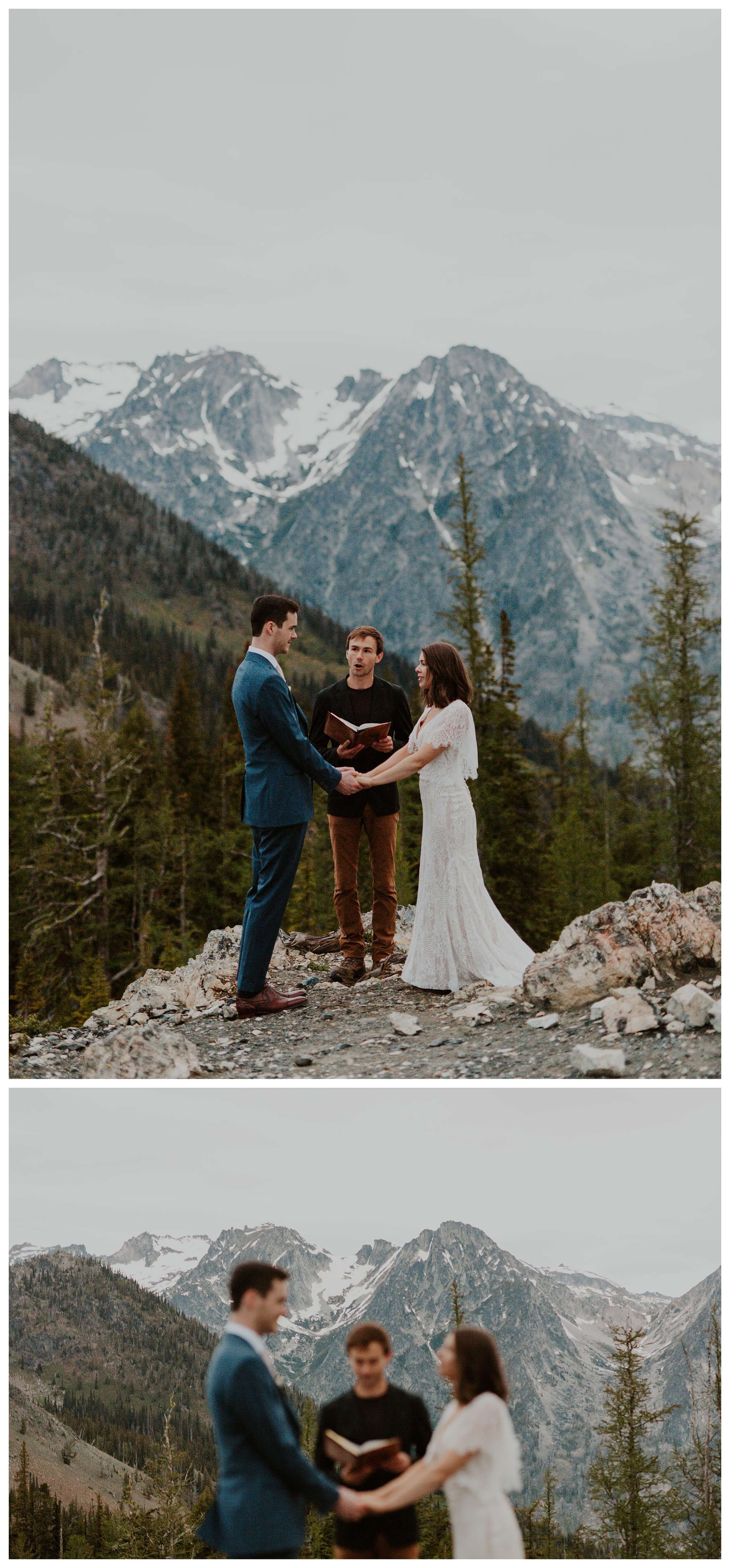 bride and groom reading vows mountain landscape

