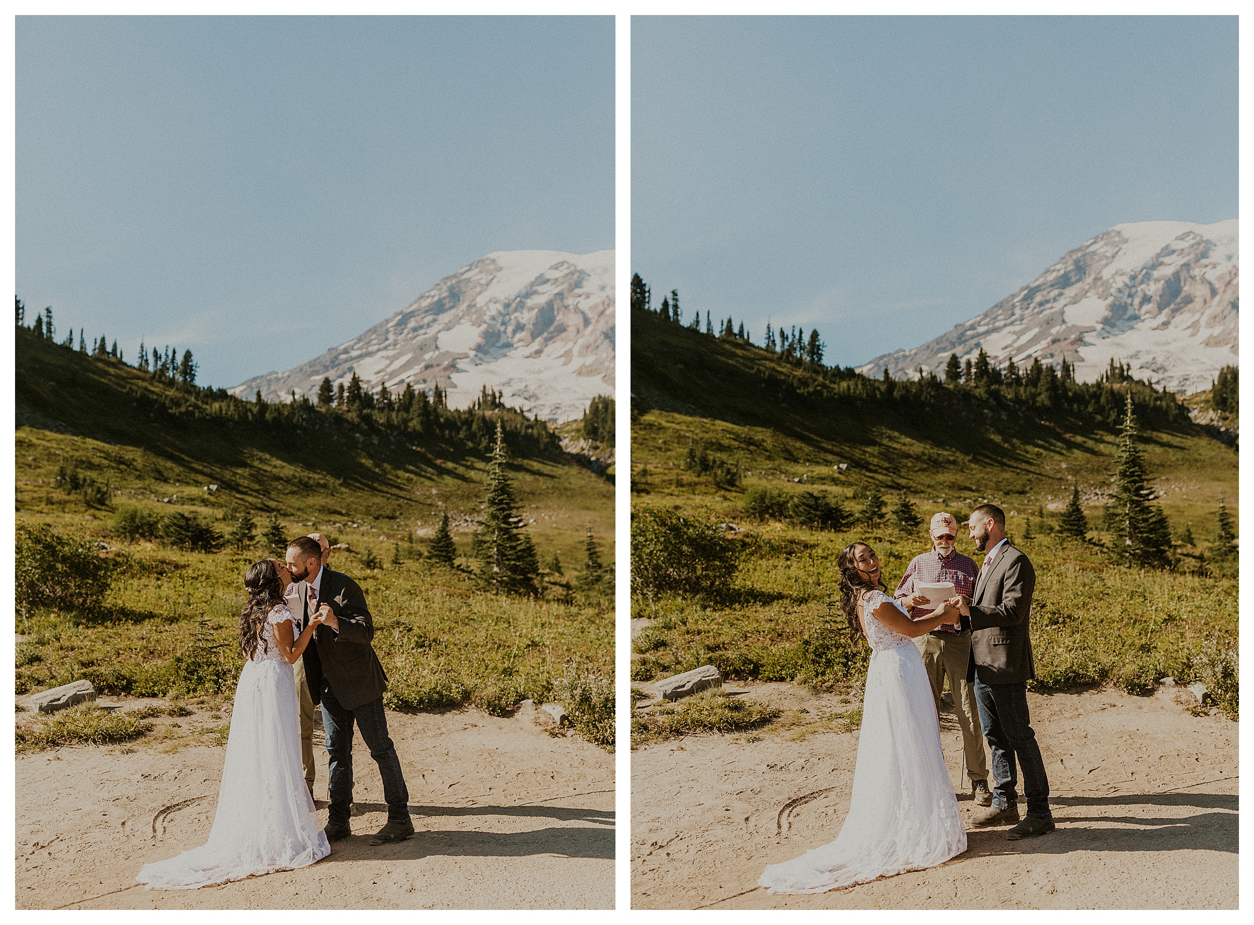 bride and groom kissing mountain