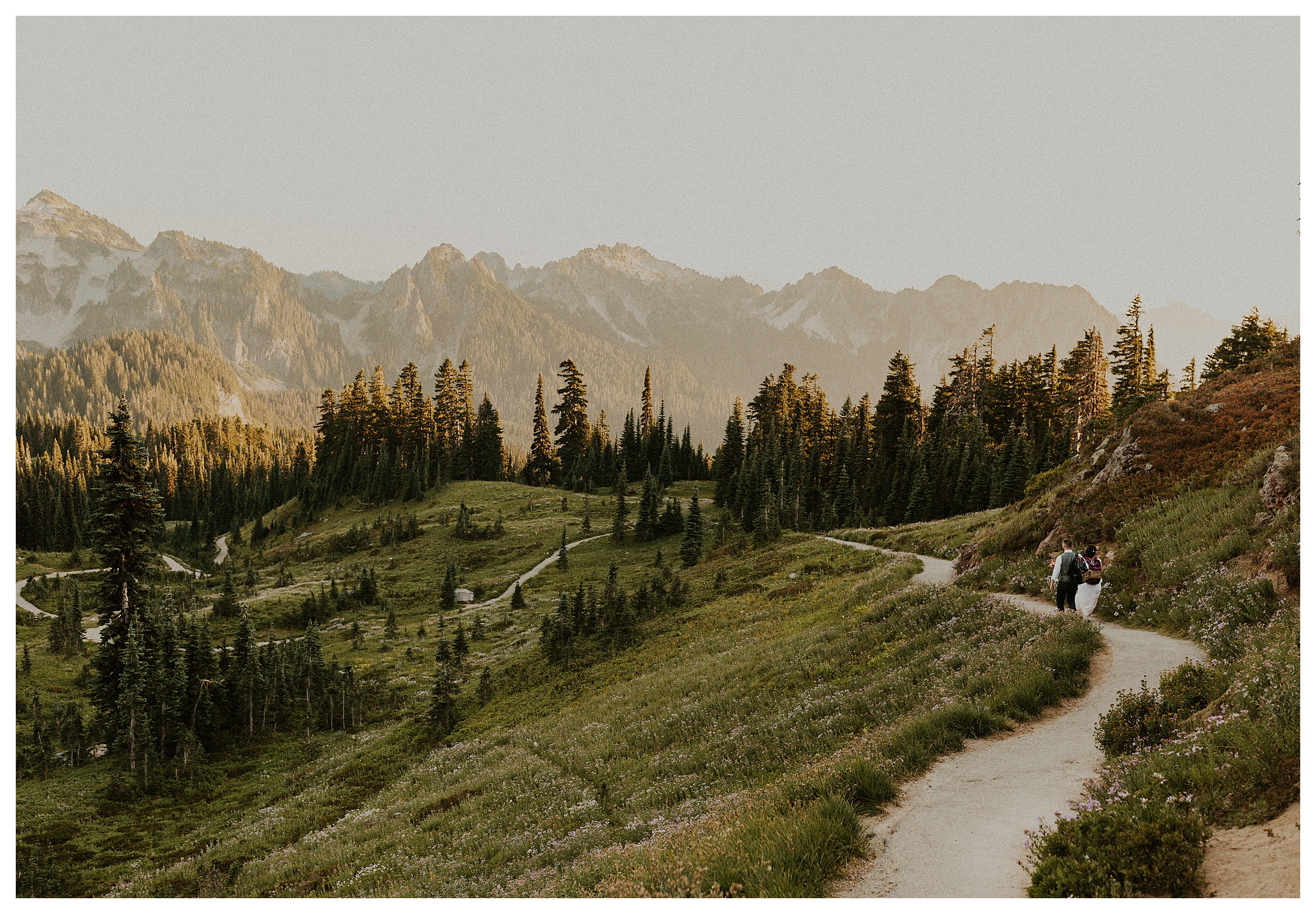 bride and groom hiking mountain landscape