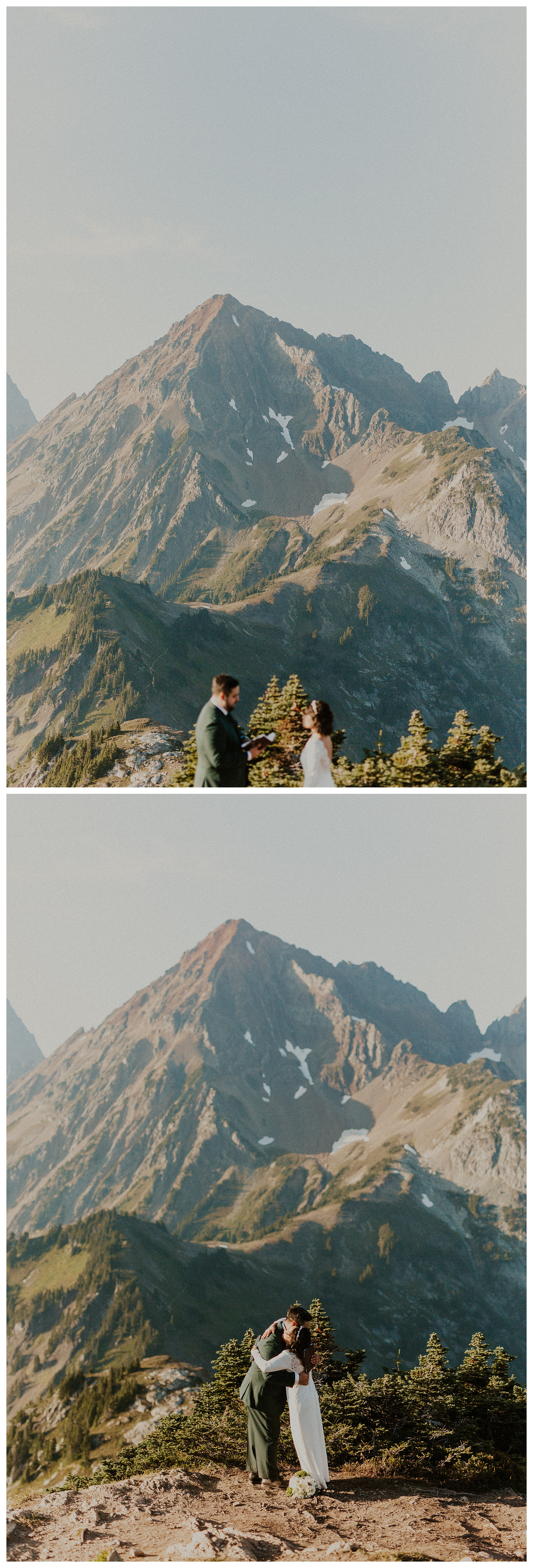 bride and groom reading vows mountain landscape
