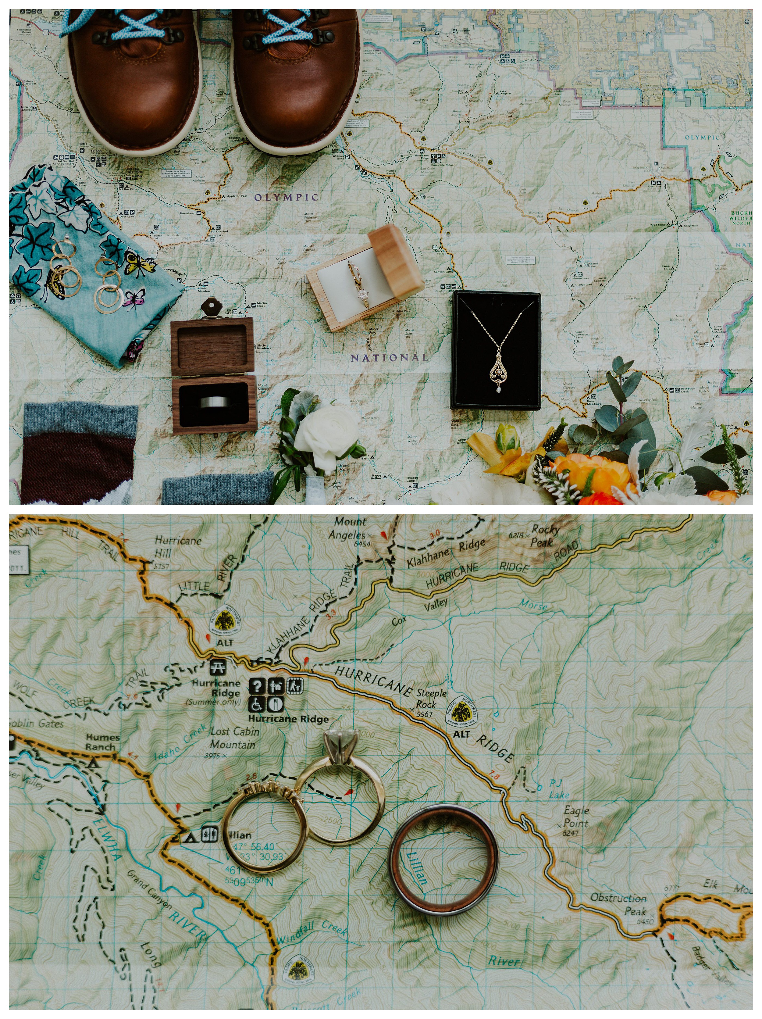 olympic peninsula map, rings, necklace, flowers and shoes
