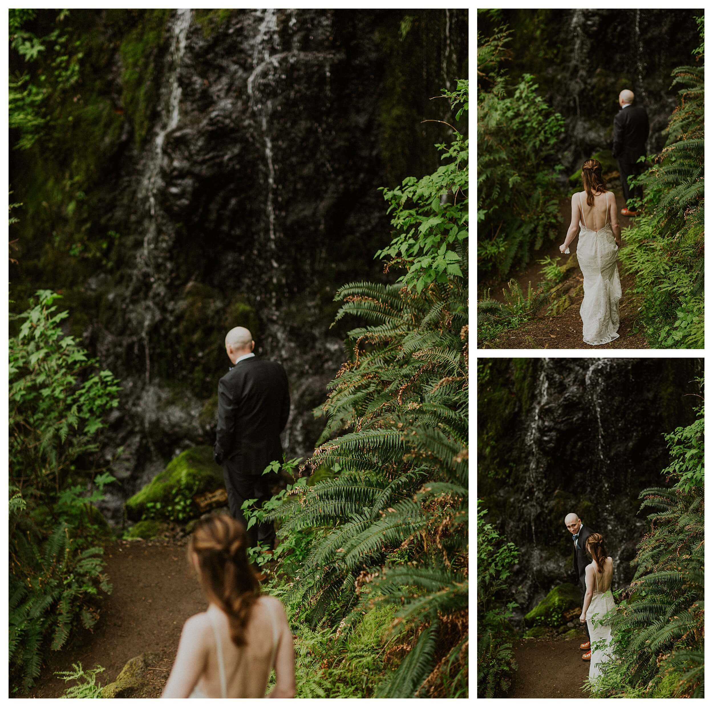 bride and groom walking together near waterfall