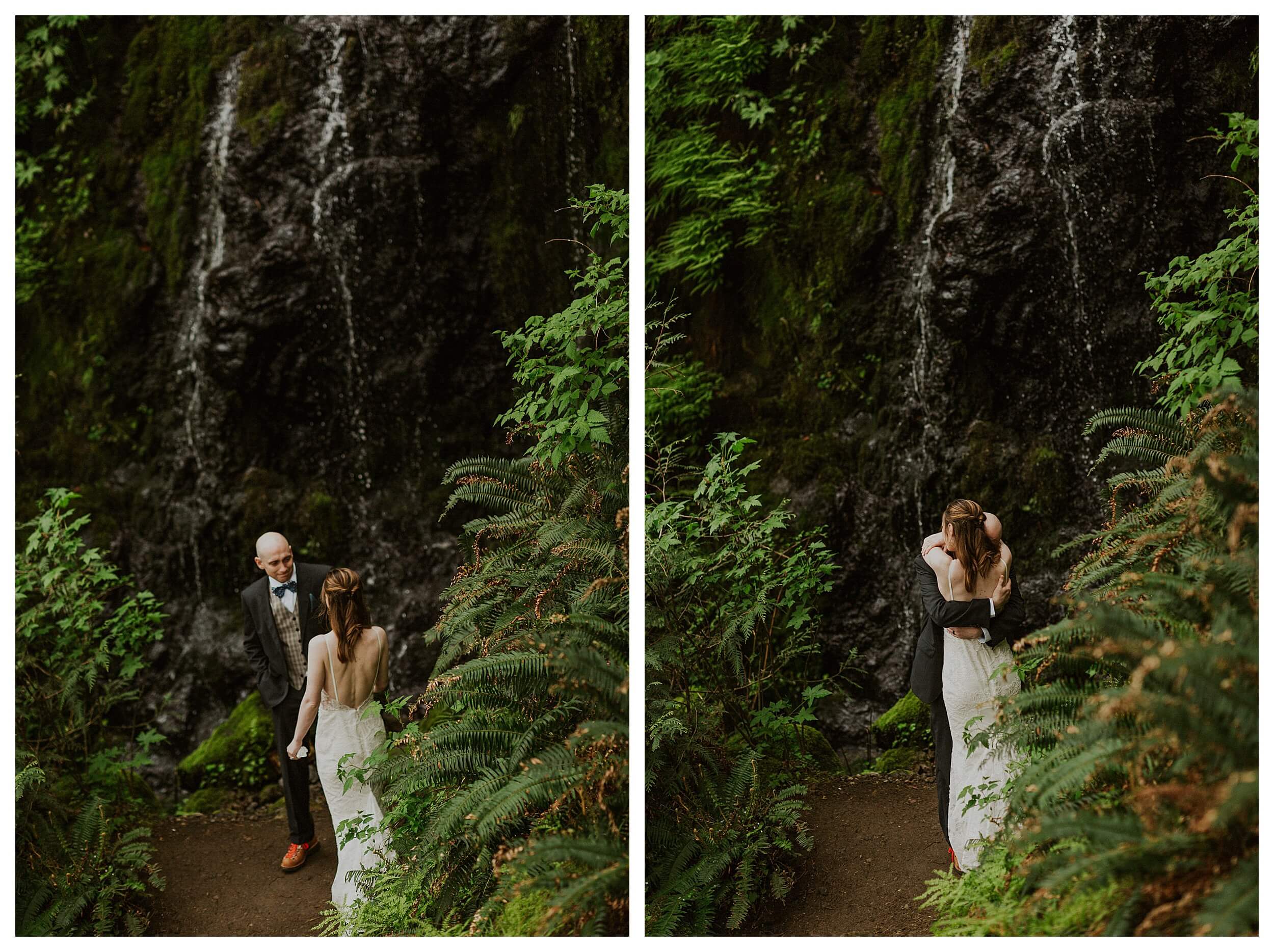 bride and groom hugging at waterfall

