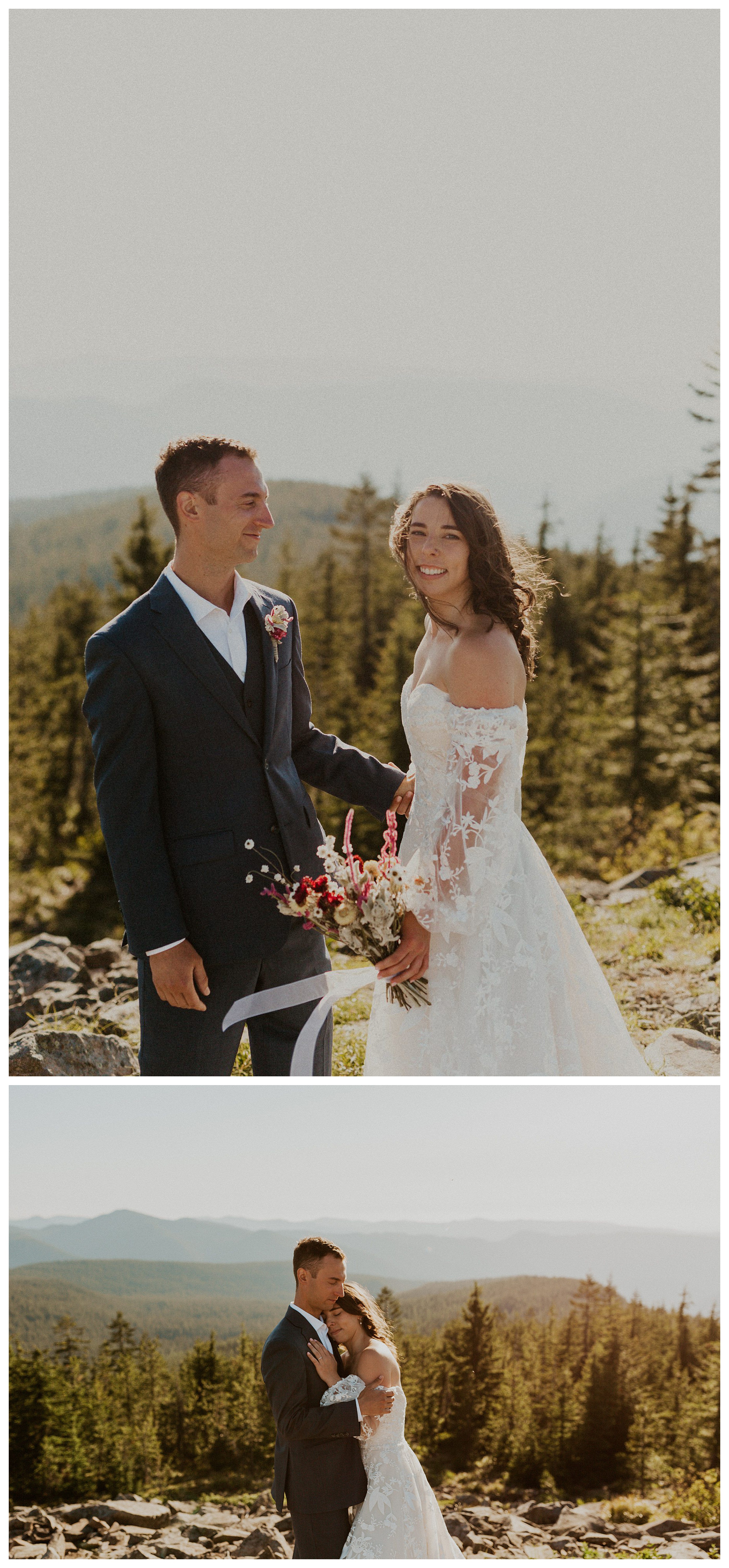 bride and groom smiling mount hood landscape

