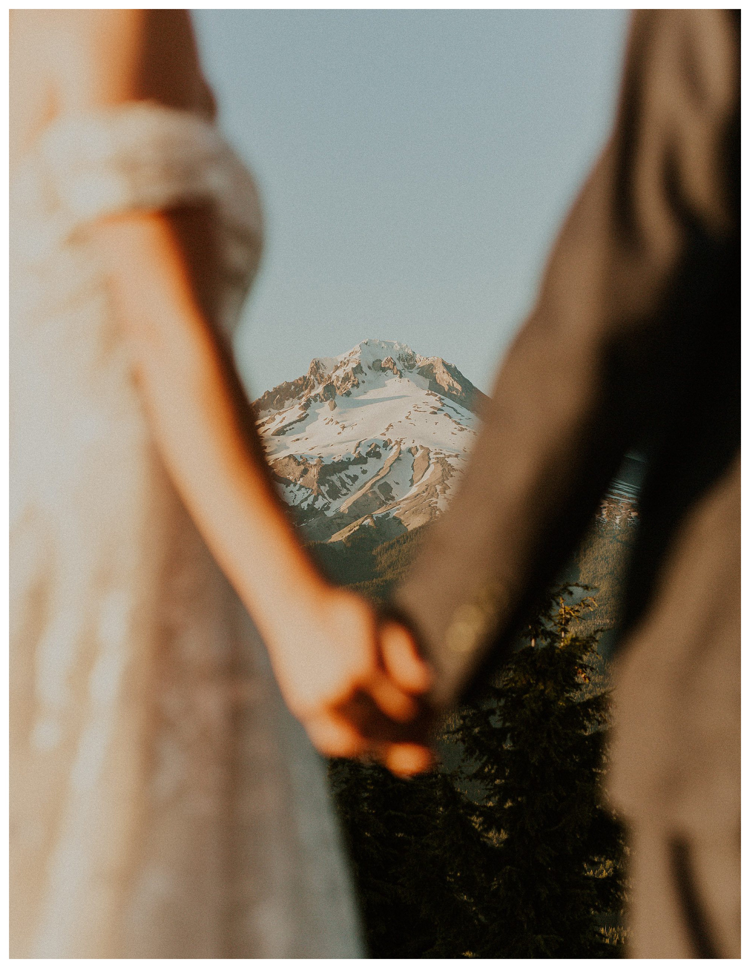 bride and groom holding hands mount hood landscape

