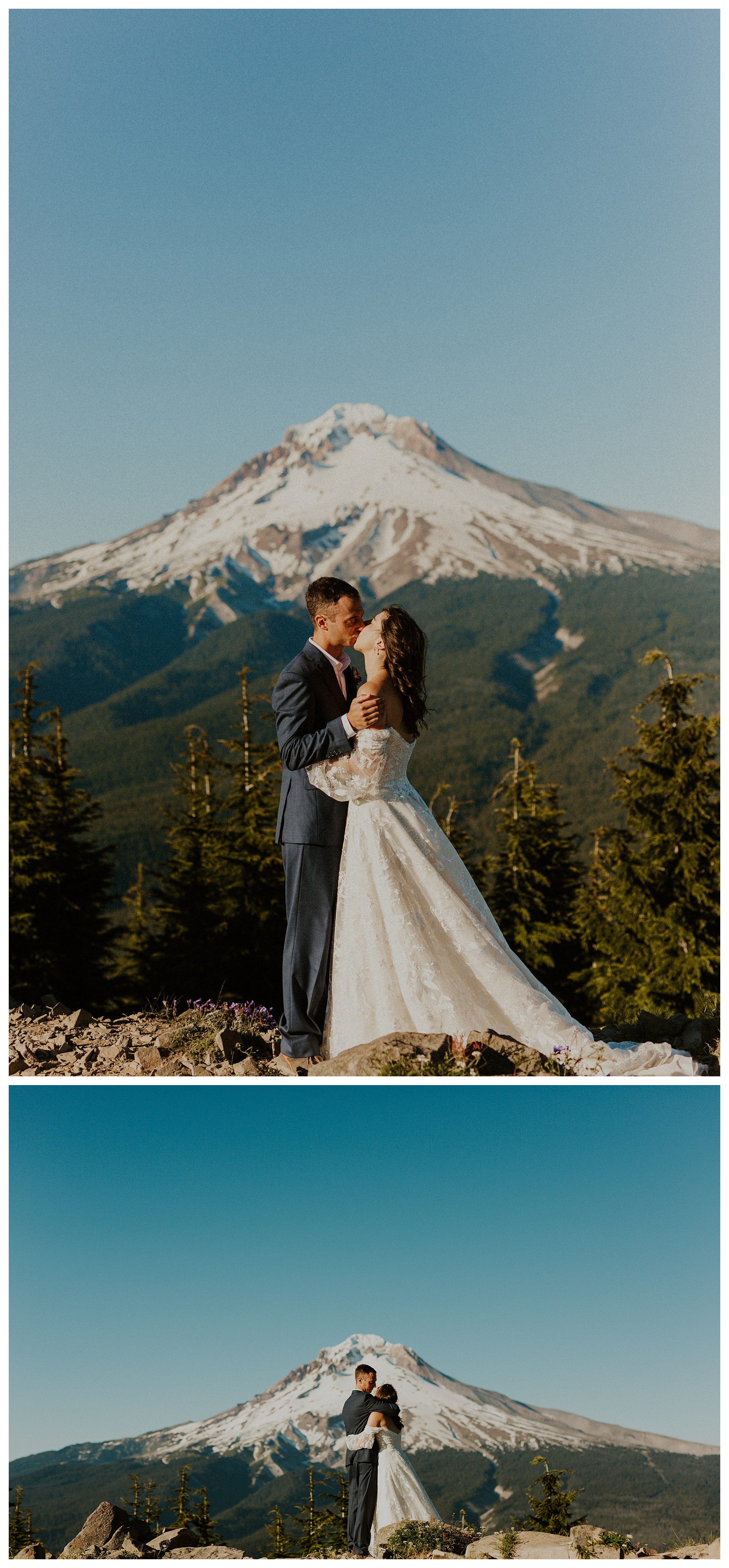 bride and groom kissing mount hood landscape

