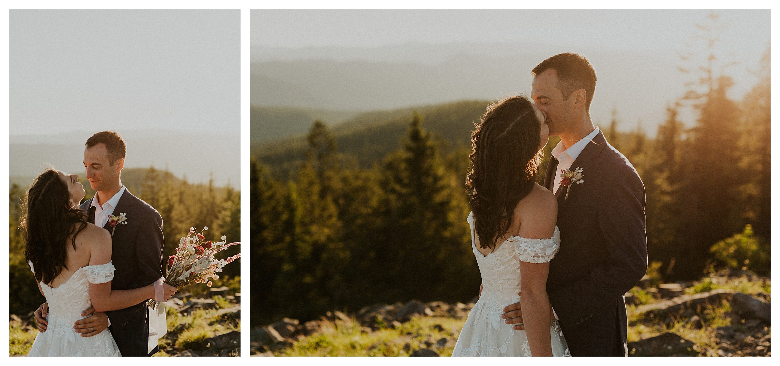 bride and groom kissing mount hood landscape

