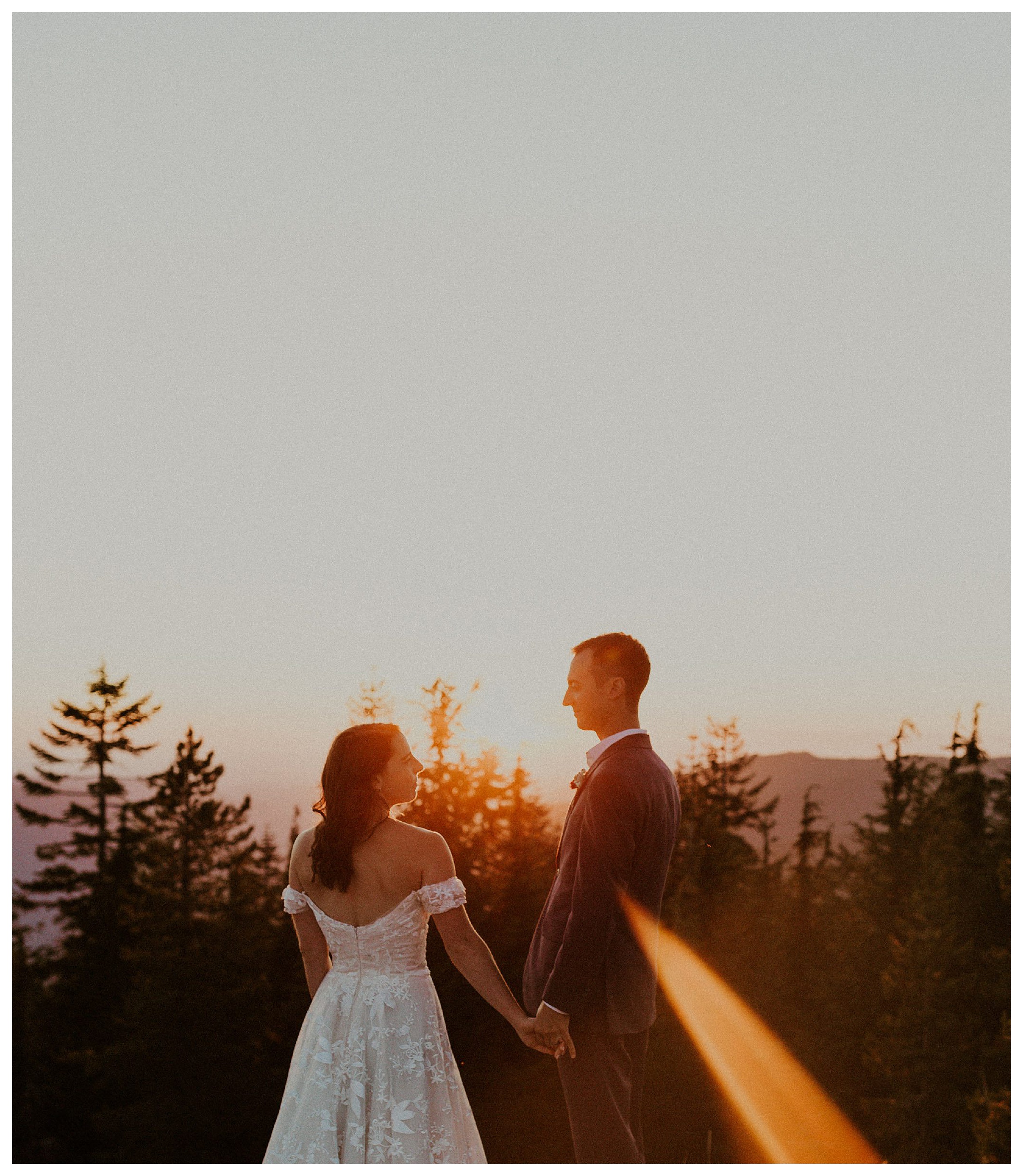 bride and groom holding hands mount hood landscape

