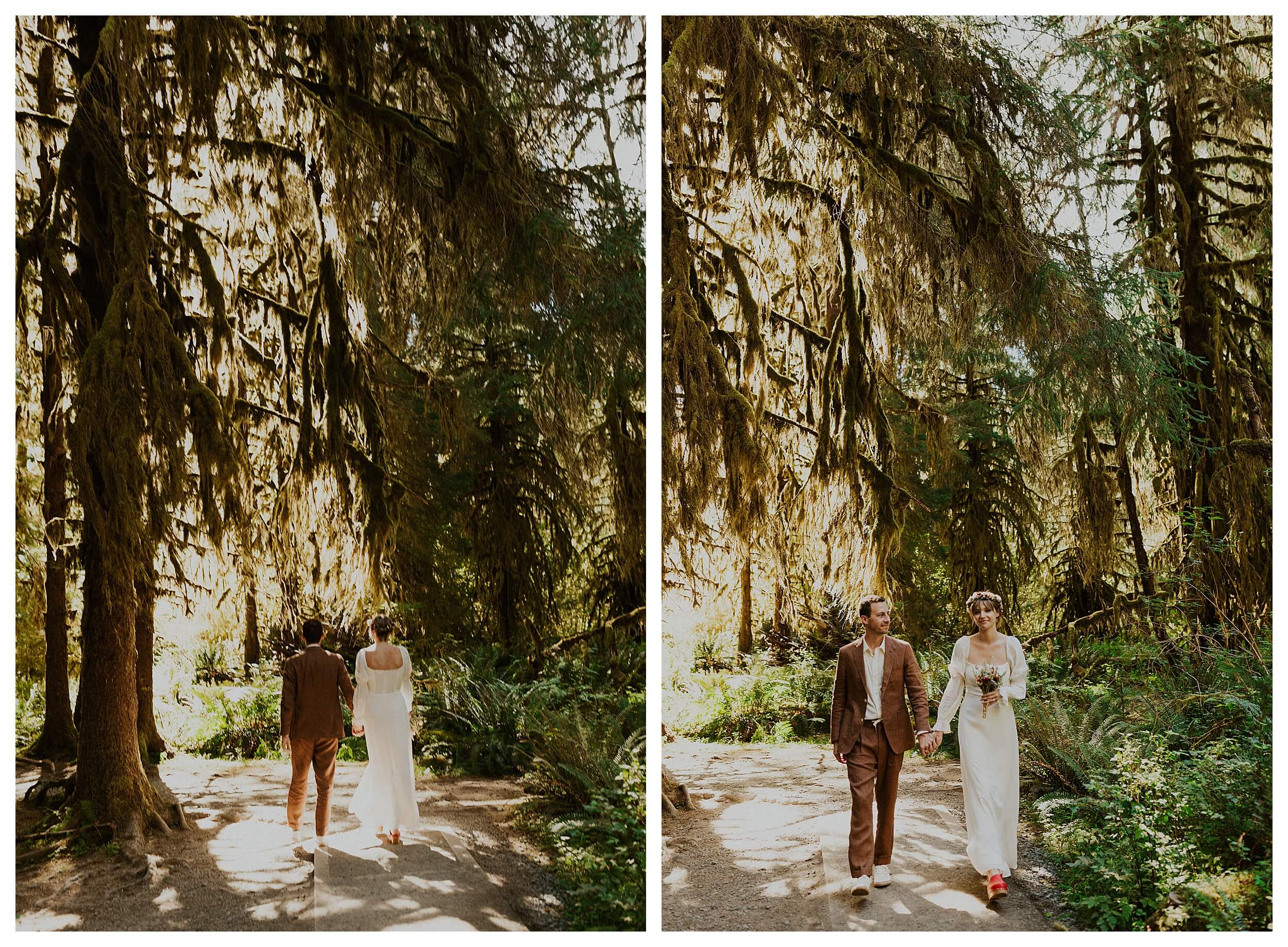 bride and groom walking together hoh rainforest
