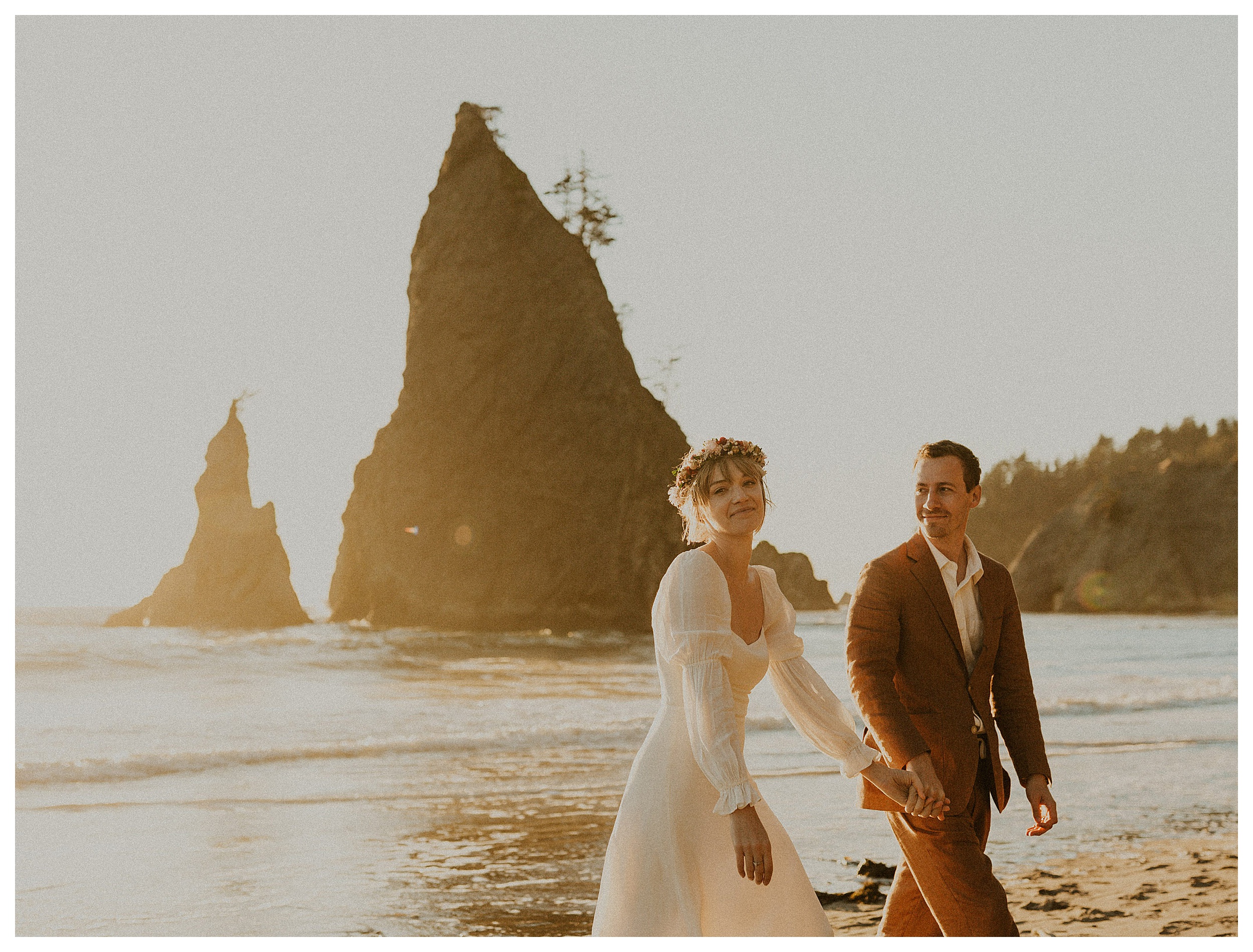 bride and groom walking together rialto beach

