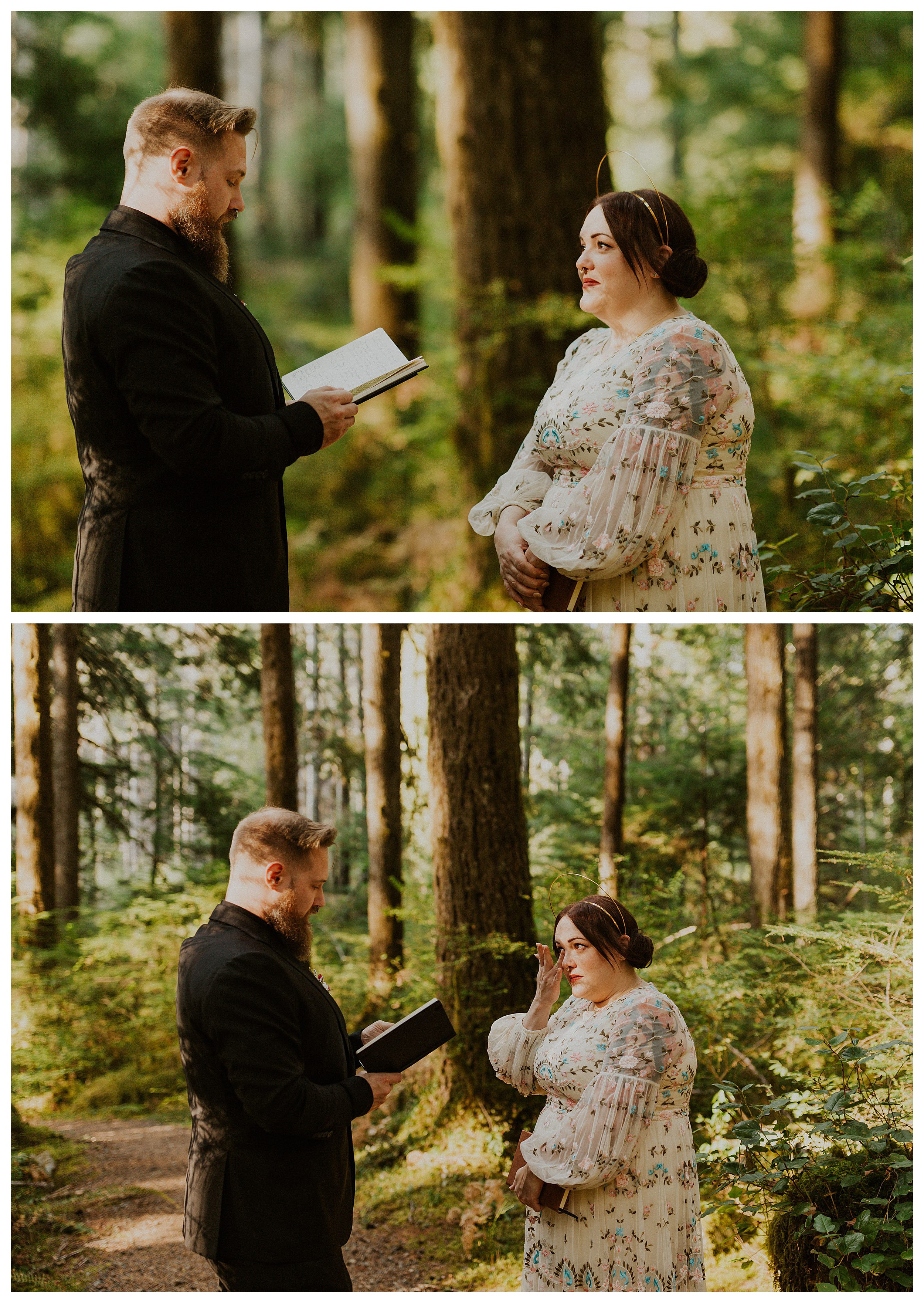 bride and groom reading vows snoqualmie forest landscape

