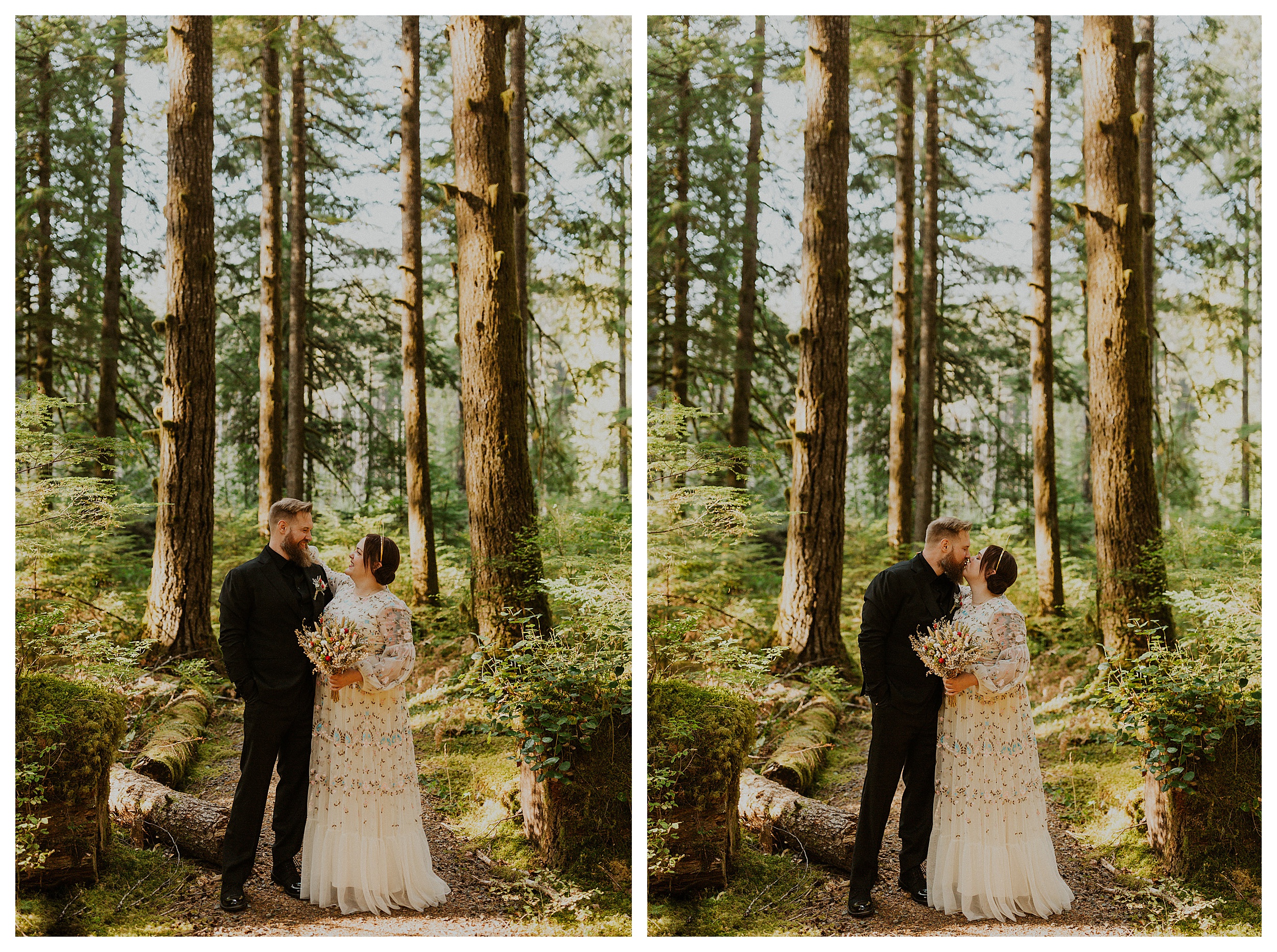bride and groom kissing snoqualmie forest landscape

