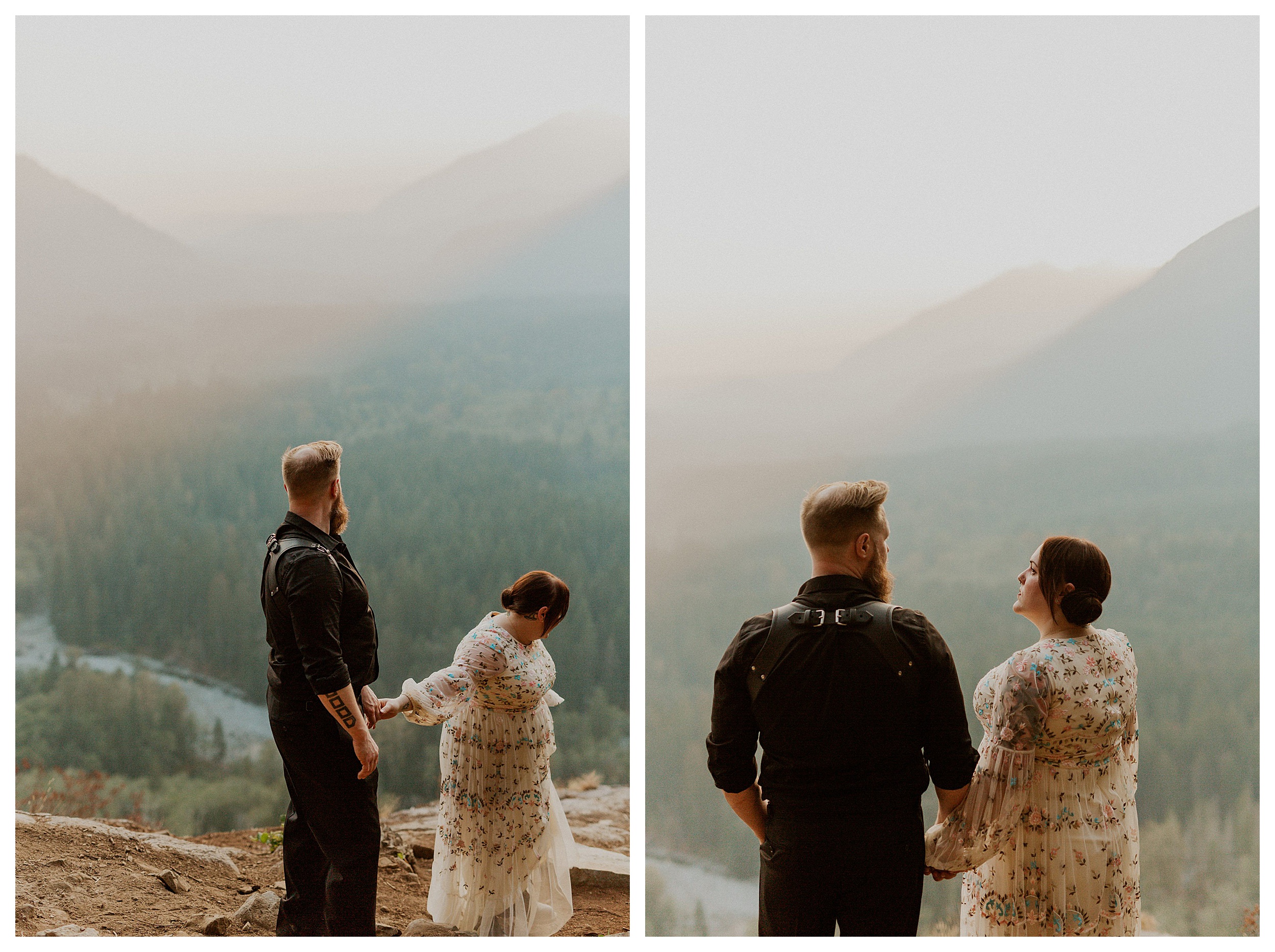 bride and groom standing together snoqualmie forest landscape


