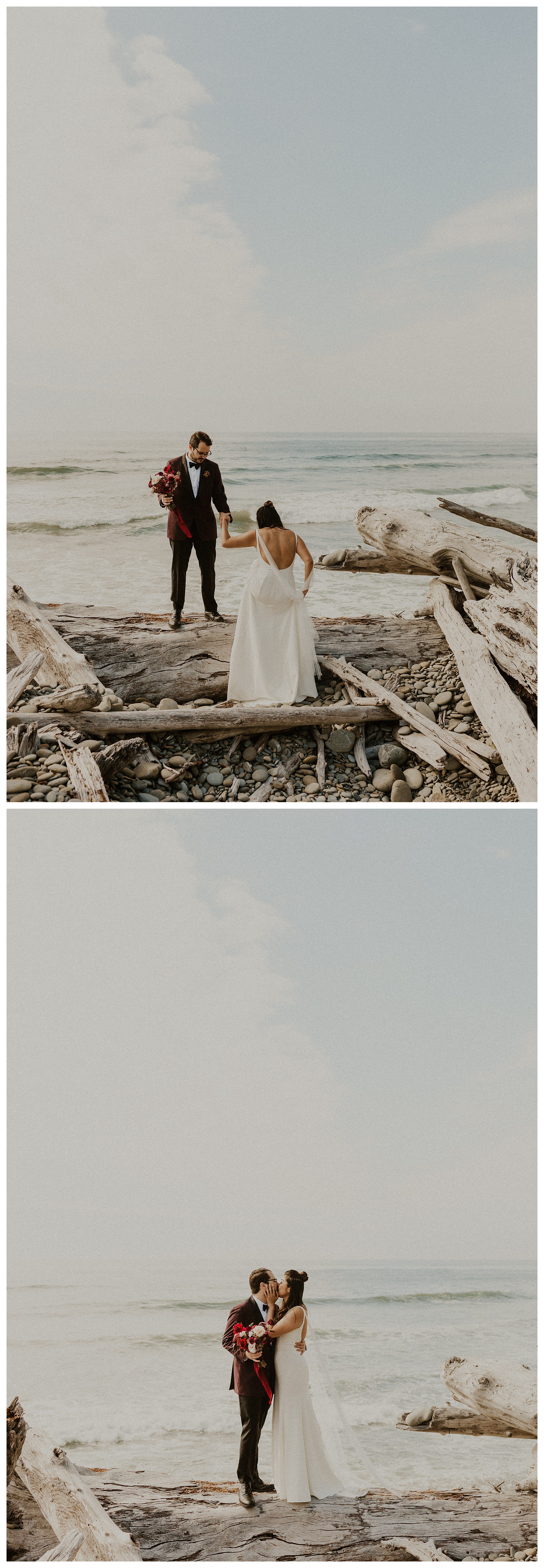 bride and groom standing together olympic national park coastal landscape

