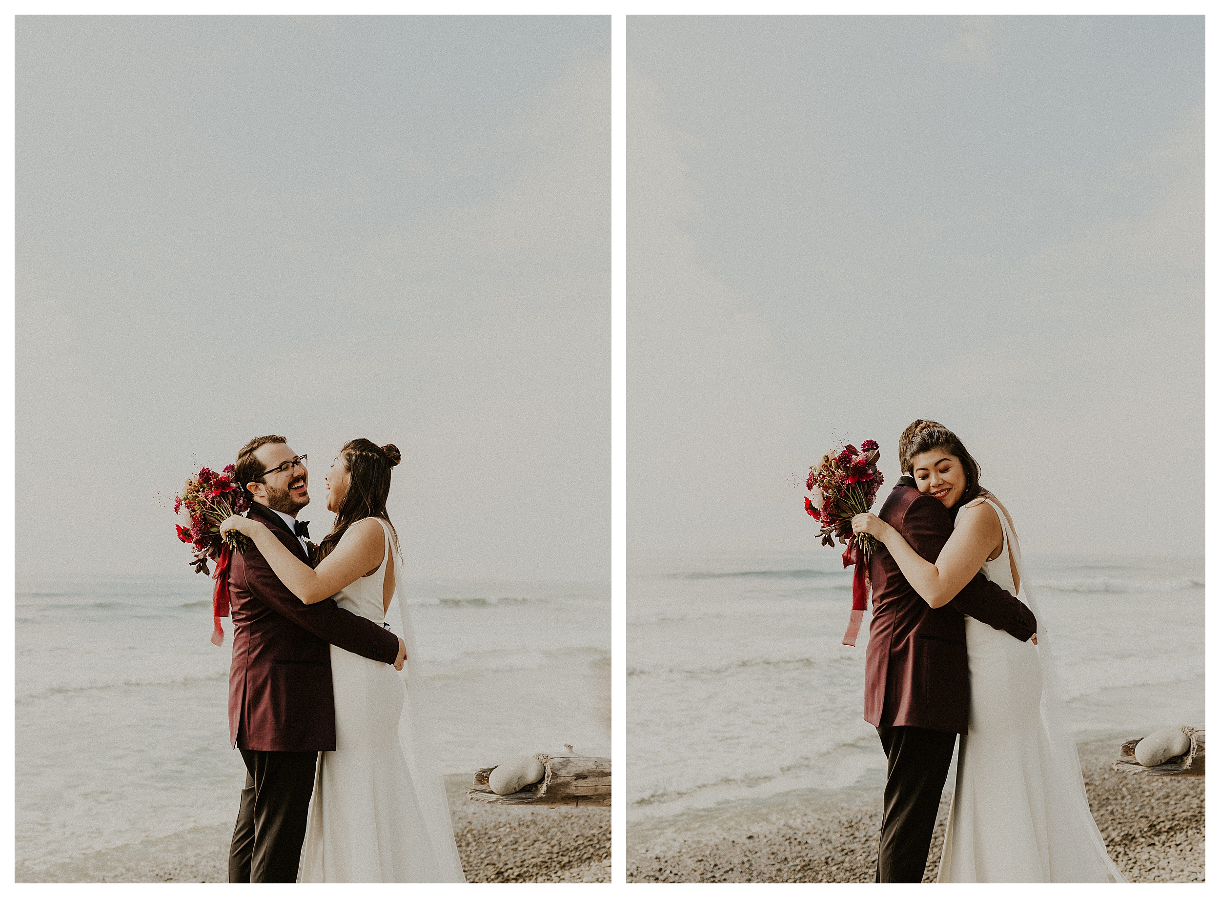 bride and groom hugging olympic national park coastal landscape

