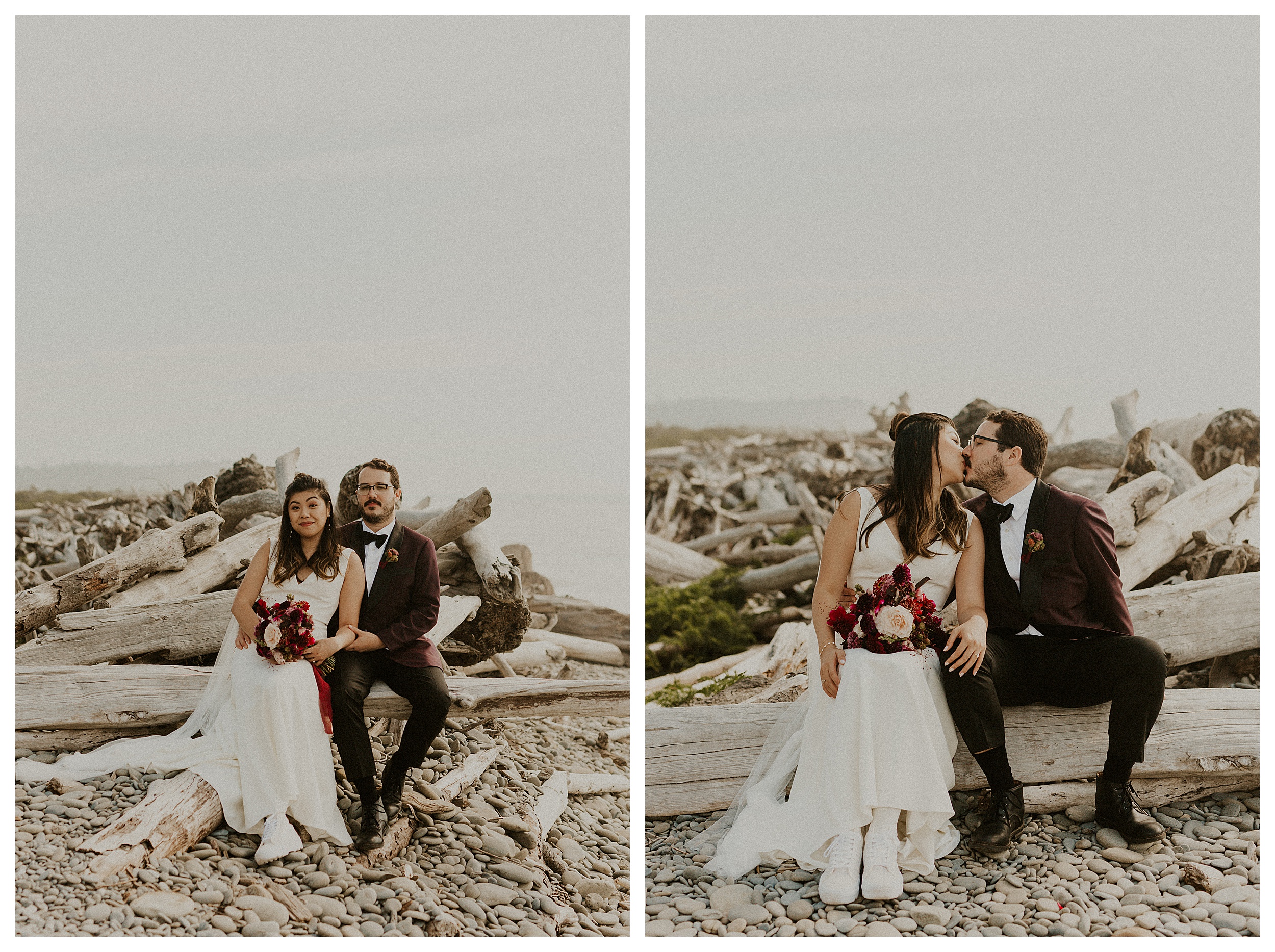 bride and groom sitting together  olympic national park coastal landscape

