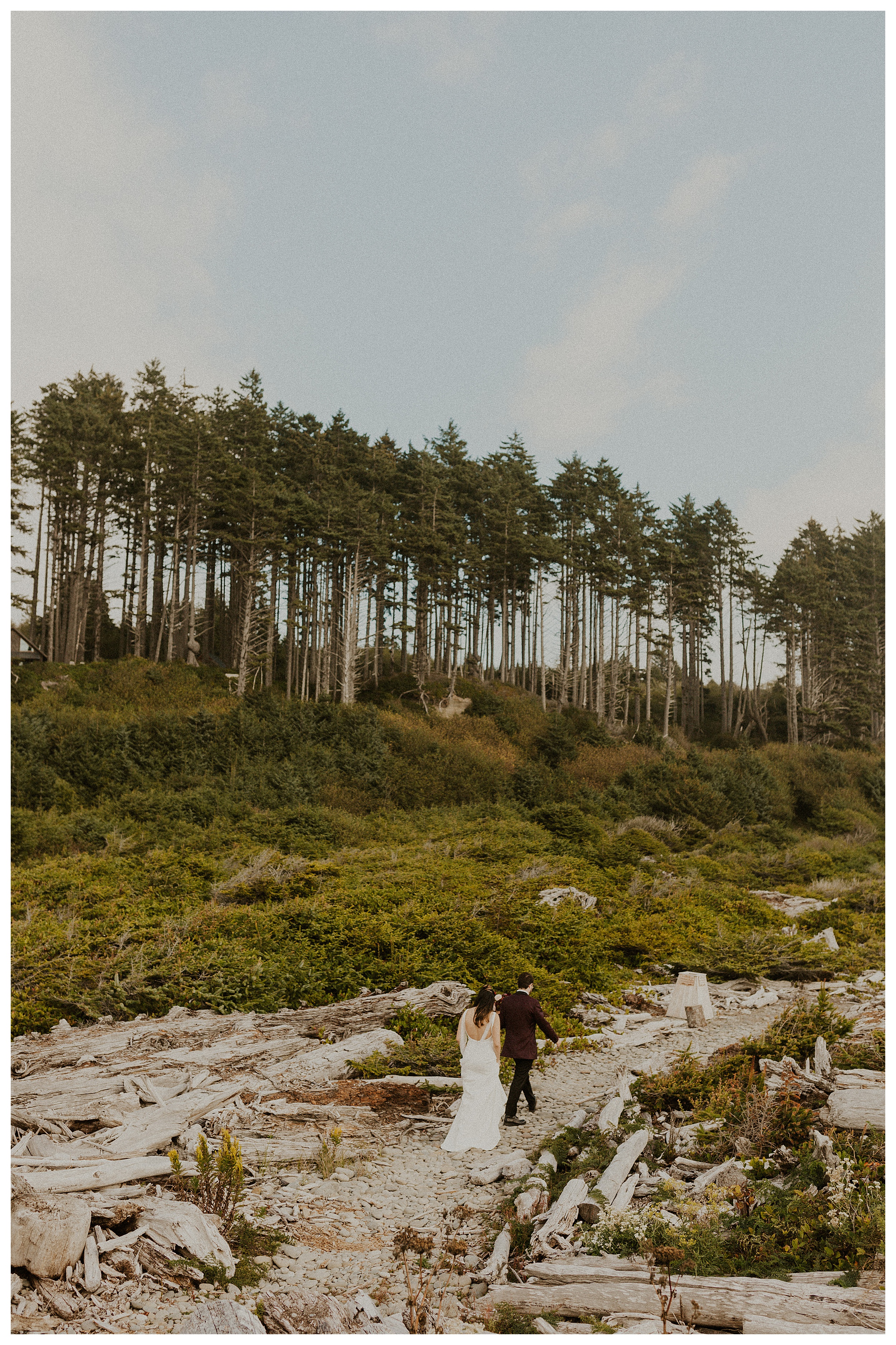 bride and groom walking together olympic national park forest landscape

