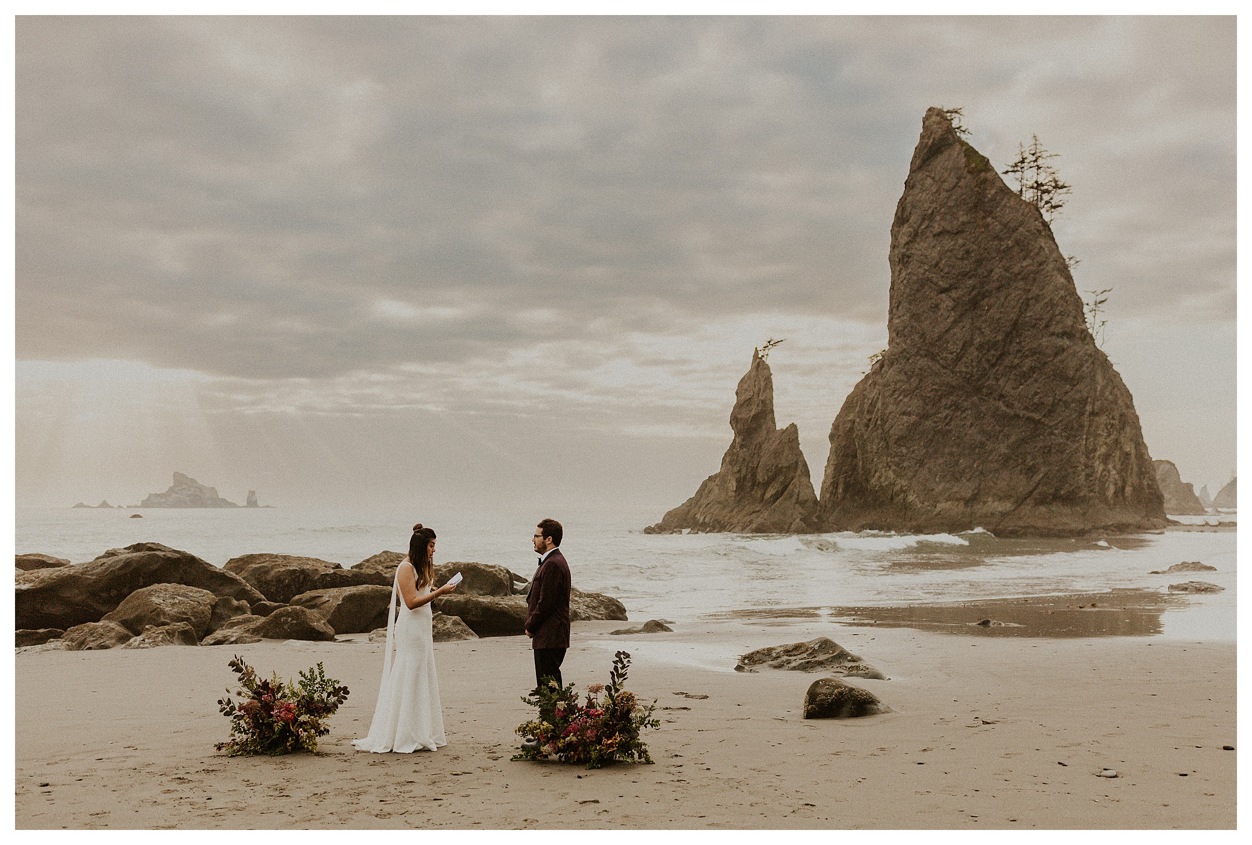 bride and groom reading vows olympic national park coastal landscape
