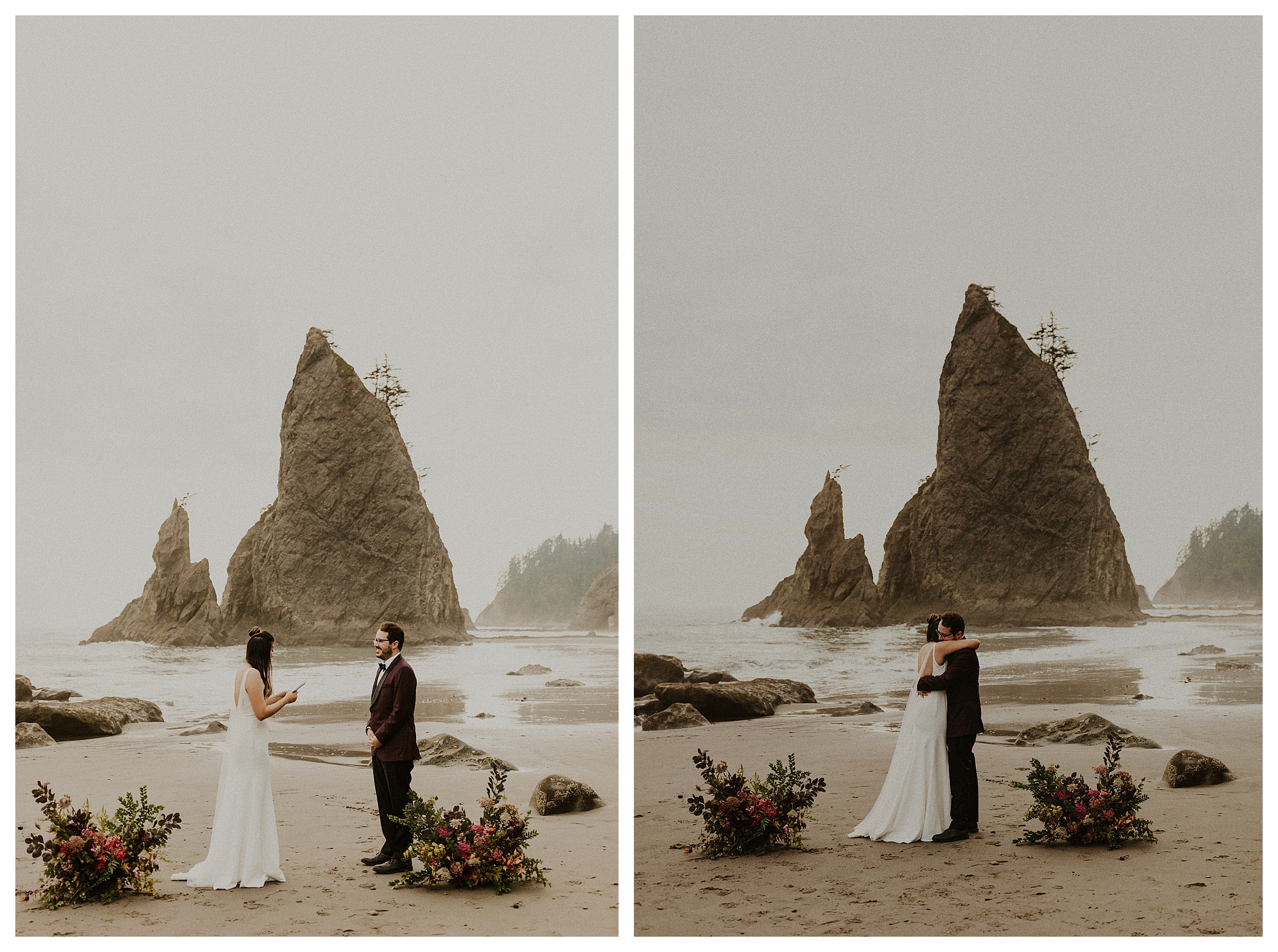 bride and groom reading vows olympic national park coastal landscape