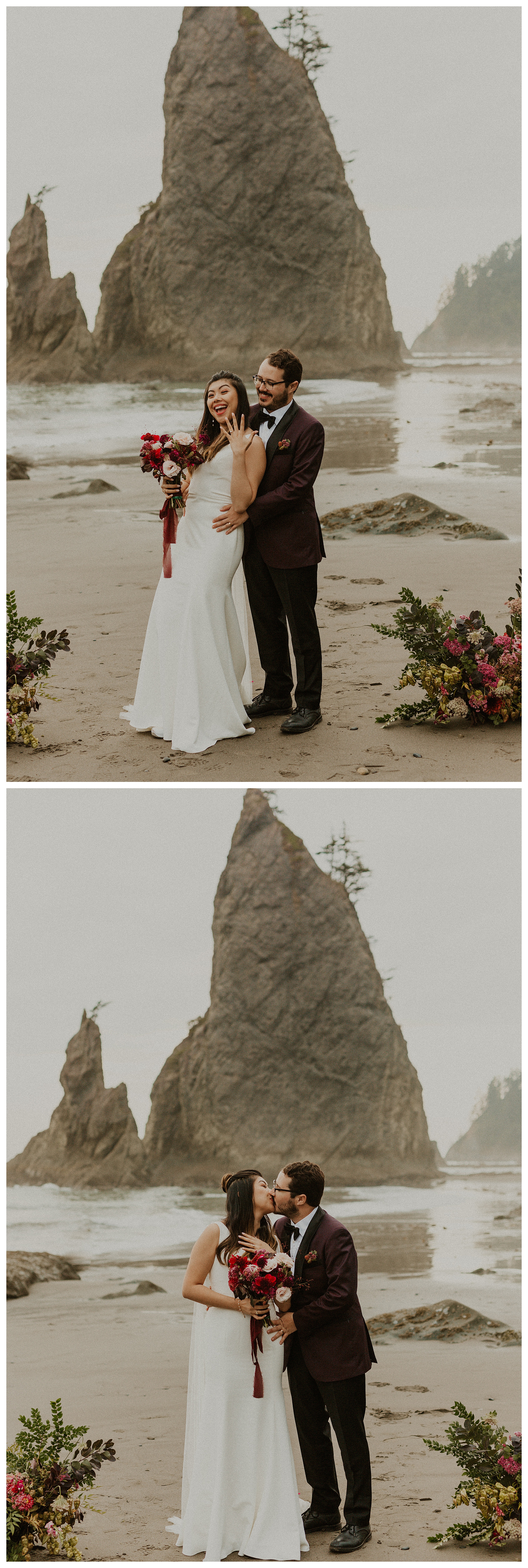 bride and groom smiling olympic national park coastal landscape