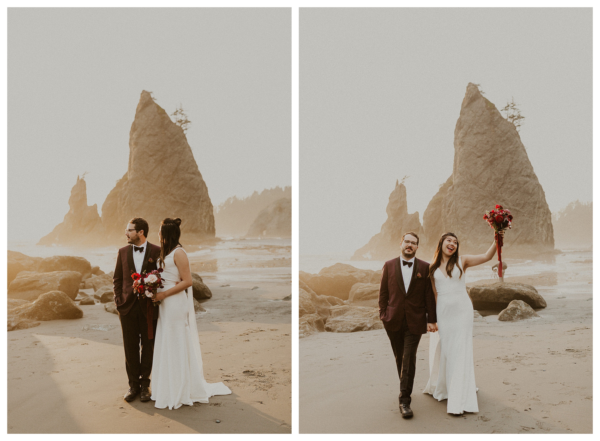 bride and groom smiling olympic national park coastal landscape